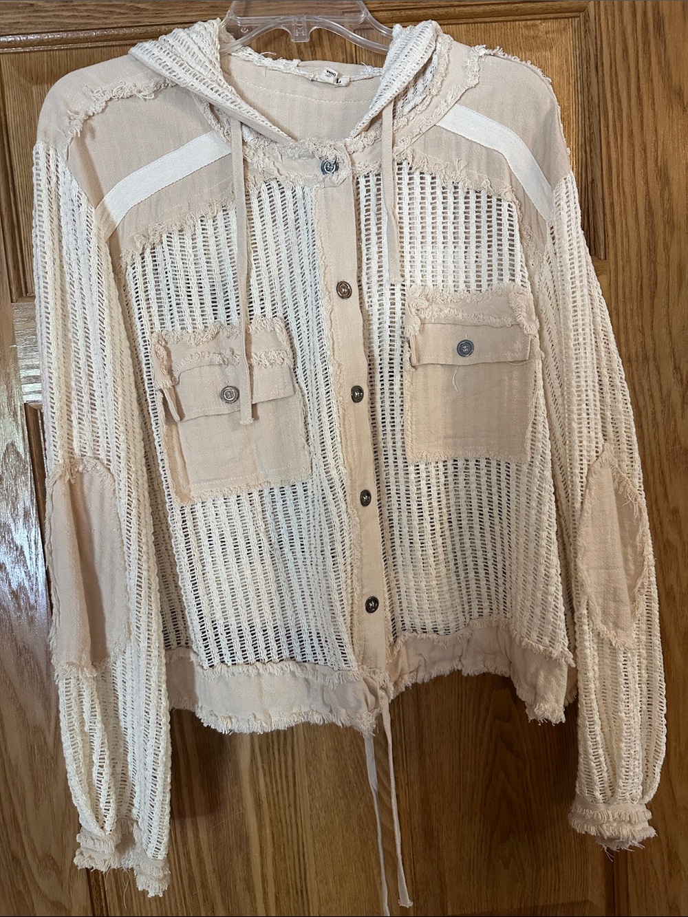 POL Beige Crochet Hooded Button-Up Jacket